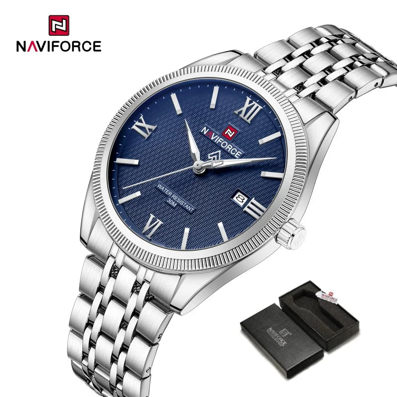 NAVIFORCE Man Wristwatch Quartz Calendar 30M Waterproof Date Display Steel Band Casual Male Business Watch Gift for Father's Day