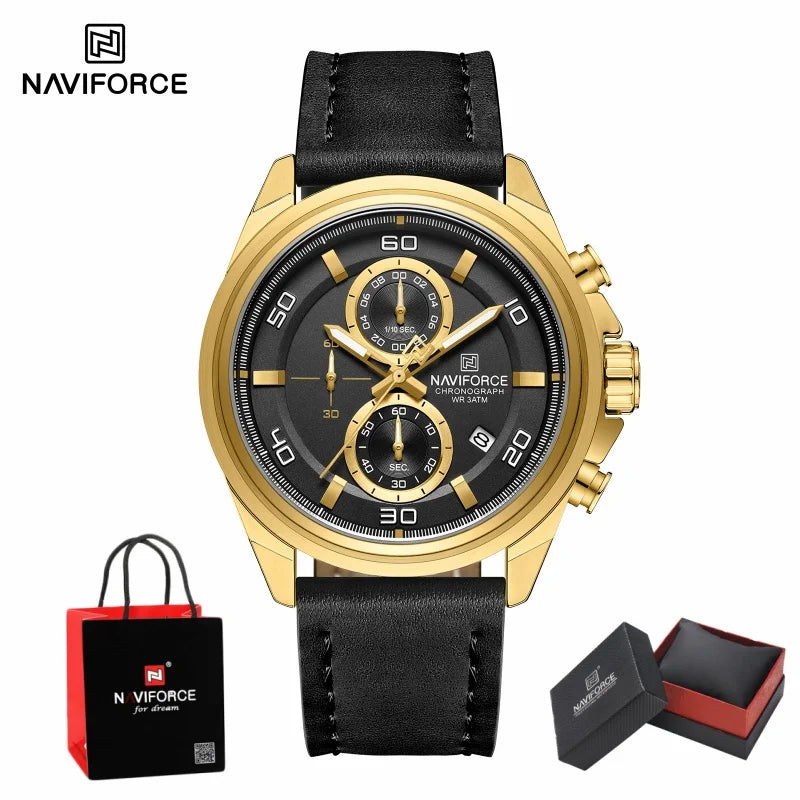 NAVIFORCE Men's Watch Quartz Chronograph Genuine Leather Strap Waterproof Luminous Hand Male Fashion Design Wristwatch Gifts Box