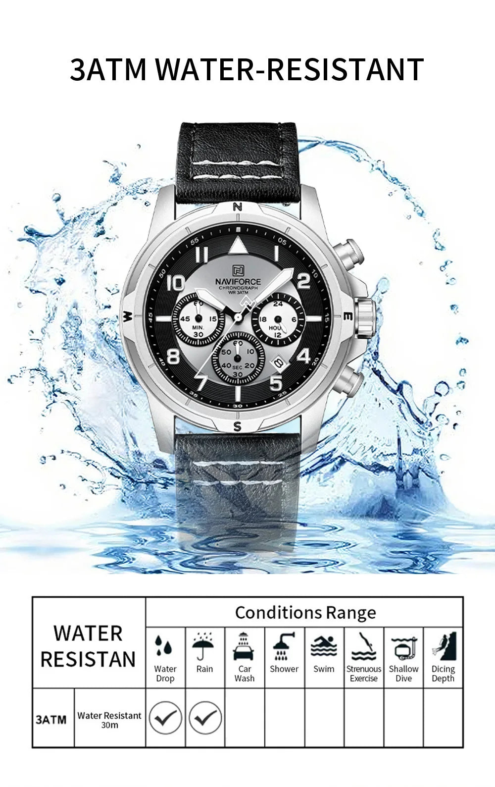 NAVIFORCE New Male Wristwatch Multi Dial Chronograph 24 Hour Clock Leather Band Men Modern Business Luxury Man's Watch NF8077