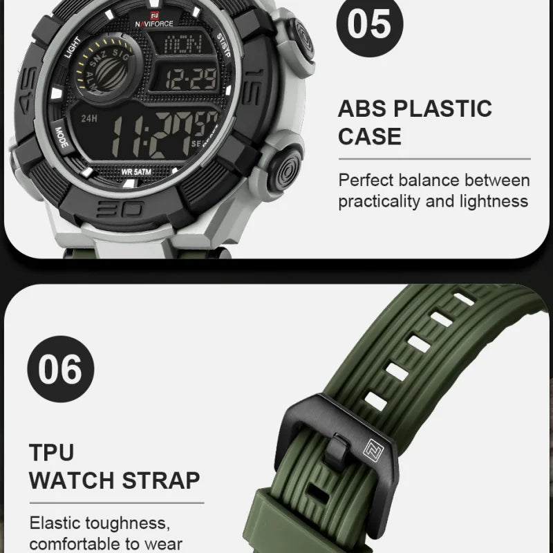 NAVIFORCE Man's Watch With Date Week Display LCD Digital Lightweight 24 Hour Alarm Clock 5ATM Waterproof Male Sports Wristwatch