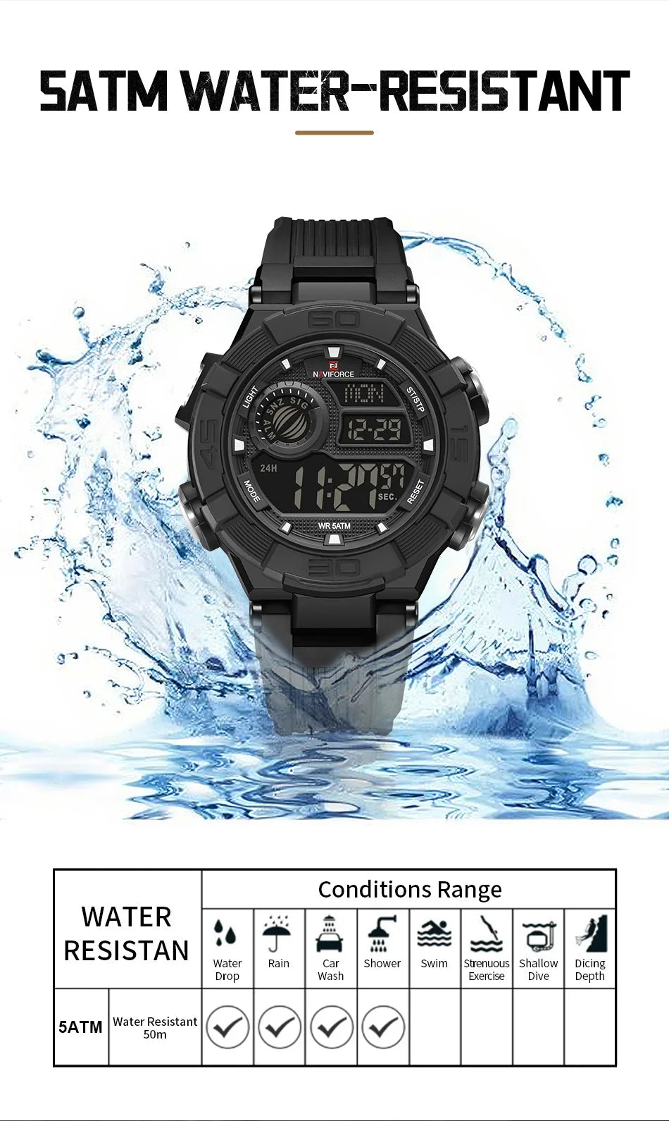 NAVIFORCE Man's Watch LCD Digital NF7131 Original Design Luminous Big Dial TPU Strap Outdoor Wristwatch Gift Box for Students