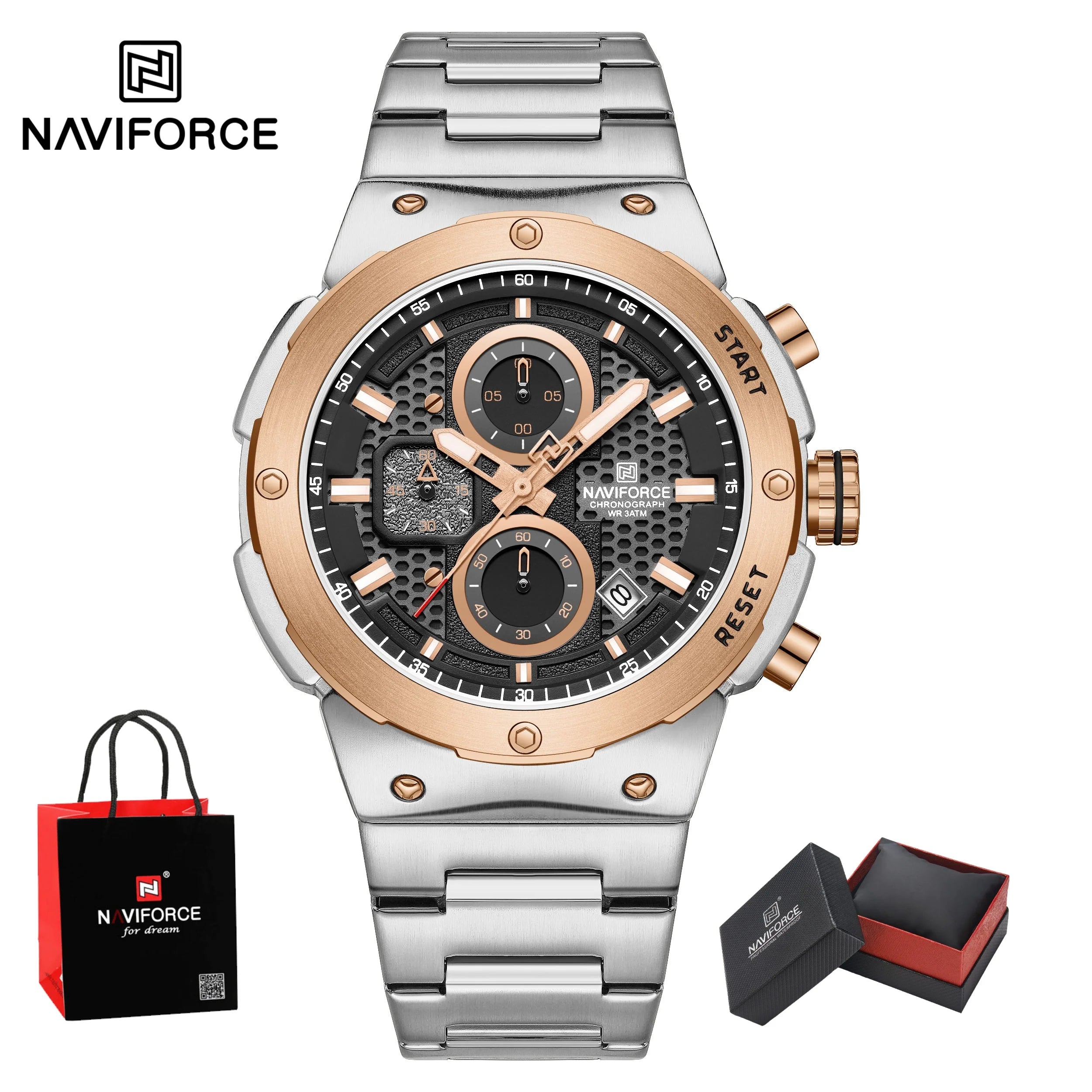 NAVIFORCE Man Watch Stainless Steel Sport Military Wristwatch Luxury Men Watches Luminous Waterproof Chronograph Quartz  Gifts
