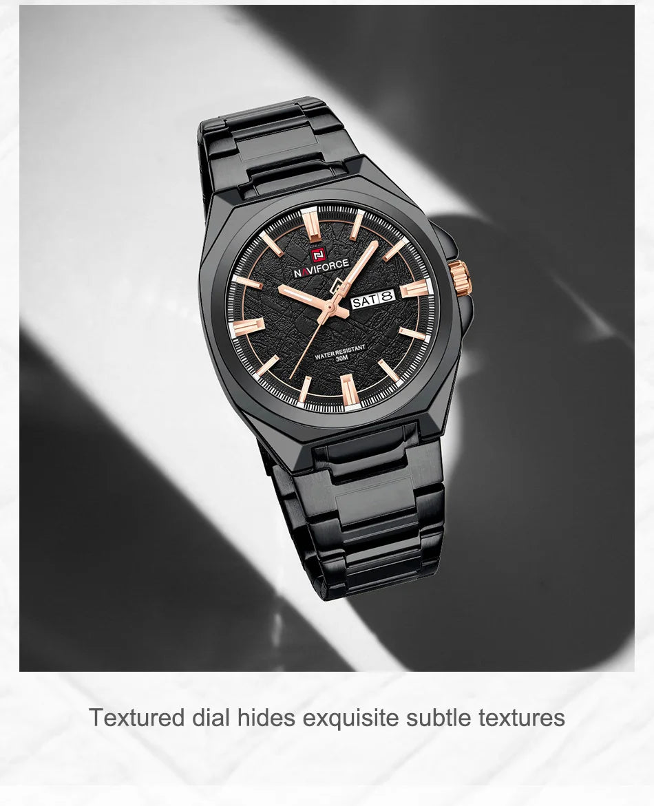 NAVIFORCE Male Quartz Stylish Wristwatch Date Week Display Waterproof Luminous Steel Band Man's Clock Luxury Wristwatch Gift Box