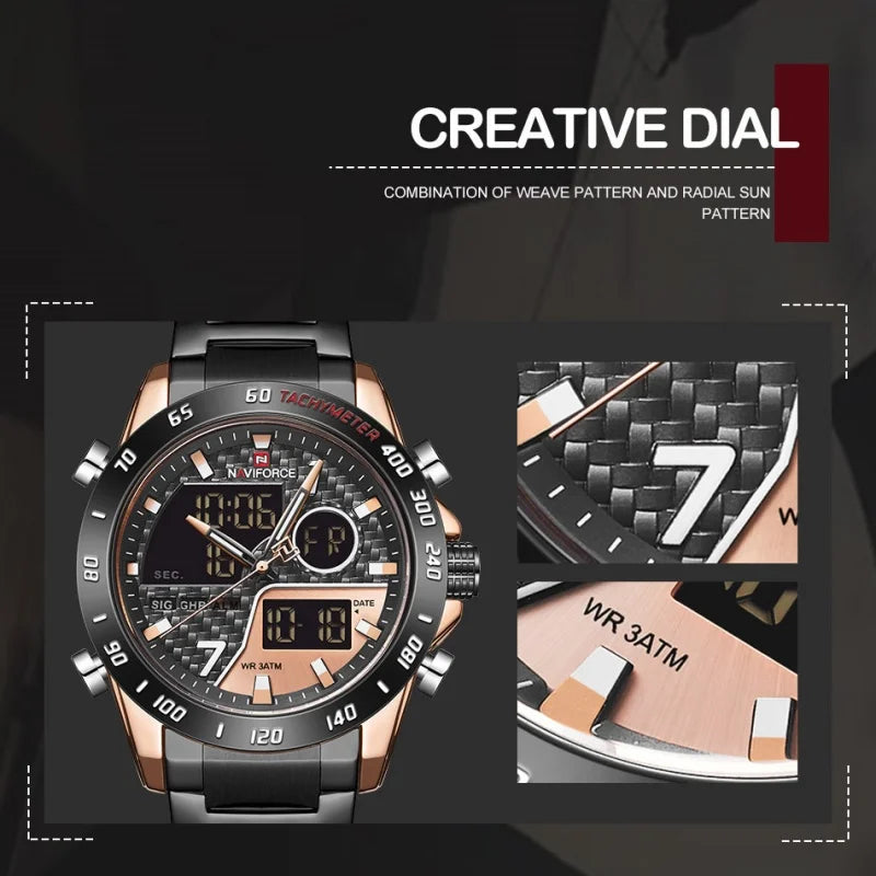 NAVIFORCE Watches for Men Quartz Dual Display Luminous Stainless Steel Strap Male Normal Business Wristwatch Father's Day Gifts
