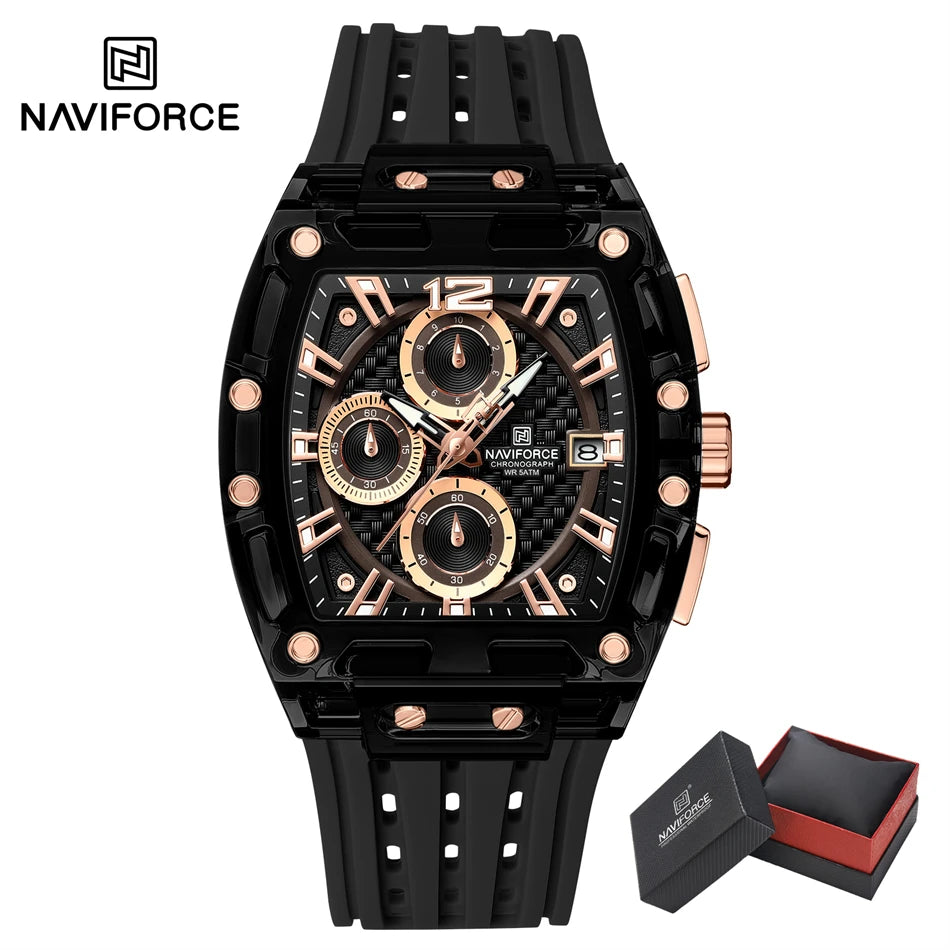 NAVIFORCE Outdoor Quartz Wristwatch for Men Chronograph Auto Date 5ATM Waterproof Silicone Strap Male Casual Fashion Sport Clock