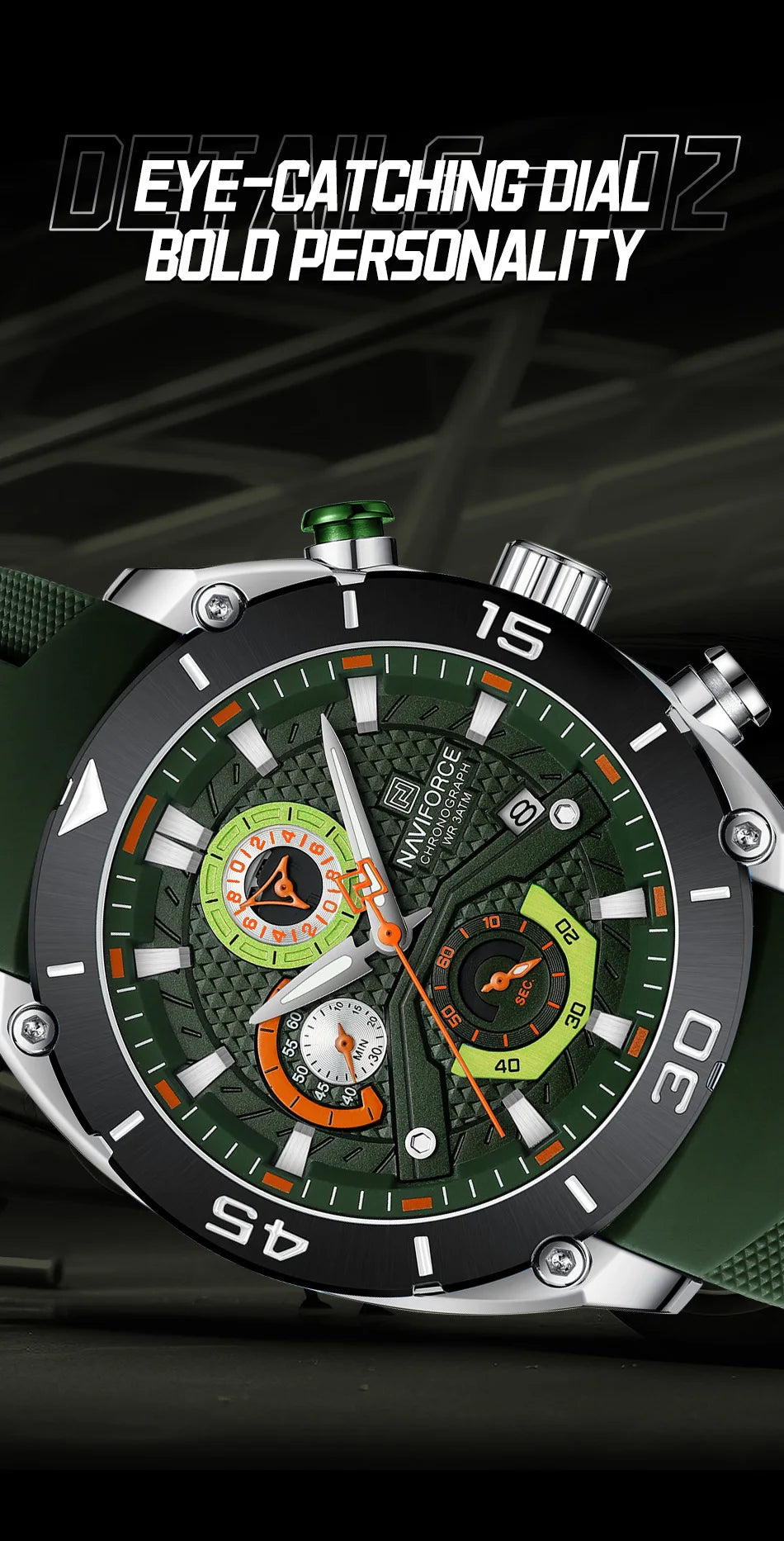 NAVIFORCE Man's Watch Quartz Chronograph 30M Waterproof Luminous Date Display Silicone Strap Trends Sports Wristwatch for Men