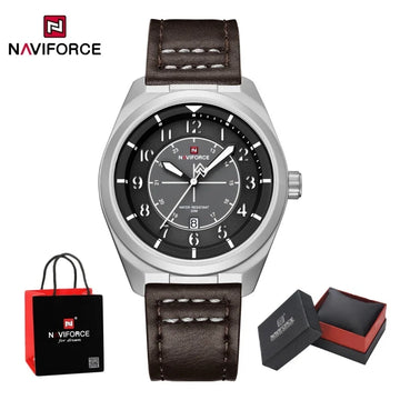 NAVIFORCE Men's Quartz Calendar Watch 3ATM Waterproof Leather Strap Casual Fashion Business Daily Wear Male Wristwatch Gift Box