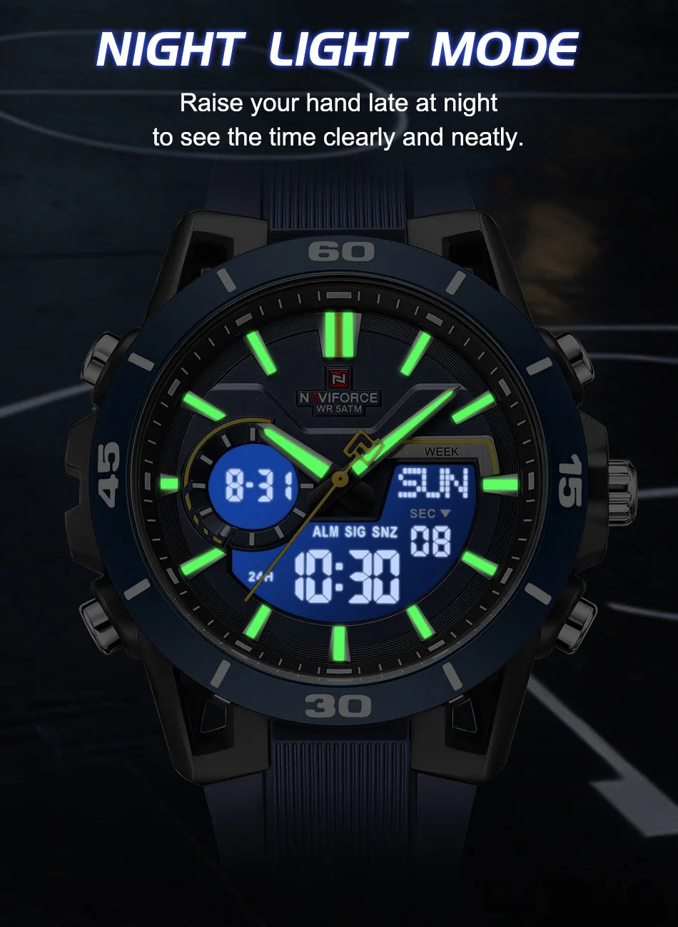 NAVIFORCE Men Watches Quartz Dual Display 50M Waterproof Chronograph Luminous Alarm Clock Male Business Sports Trendy Wristwatch