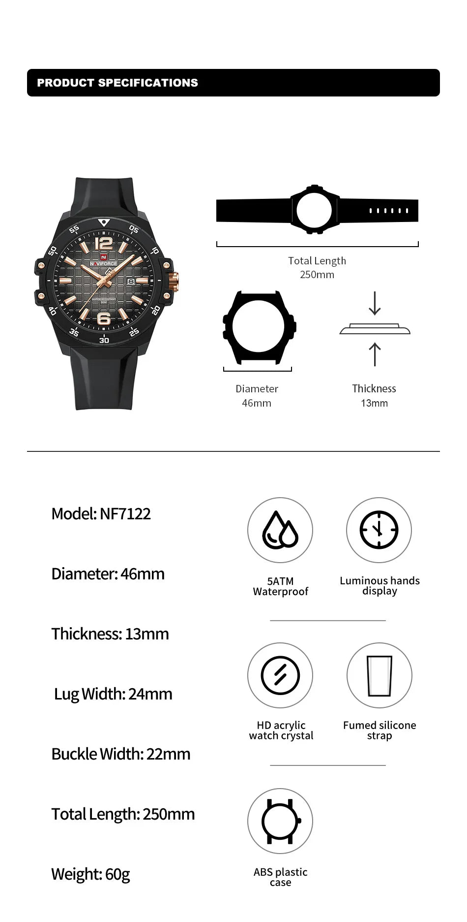 Original Brand NAVIFORCE Fashion Men's Watches Luxury Quartz Sport Silicone Band Wristwatch Waterproof Luminous Clock Male Gift
