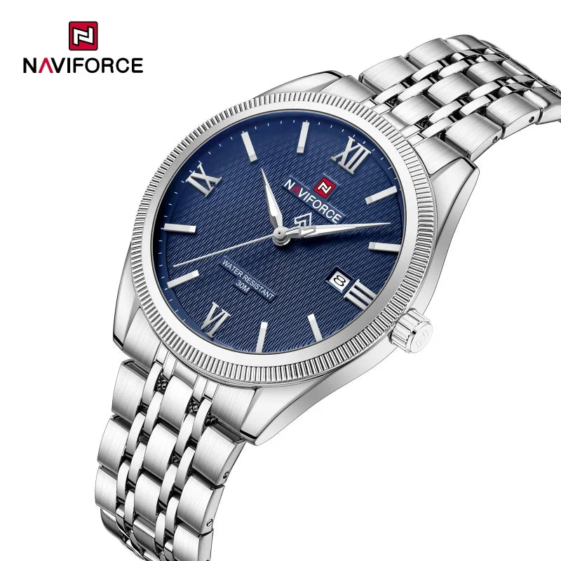 NAVIFORCE Man Wristwatch Quartz Calendar 30M Waterproof Date Display Steel Band Casual Male Business Watch Gift for Father's Day