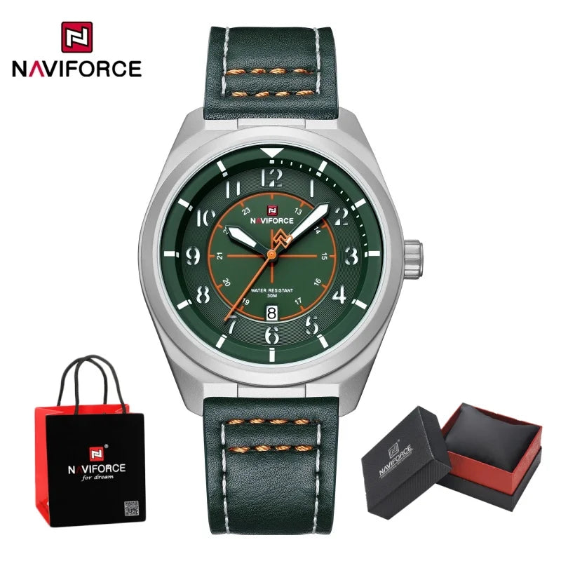 NAVIFORCE Men's Quartz Calendar Watch 3ATM Waterproof Leather Strap Casual Fashion Business Daily Wear Male Wristwatch Gift Box