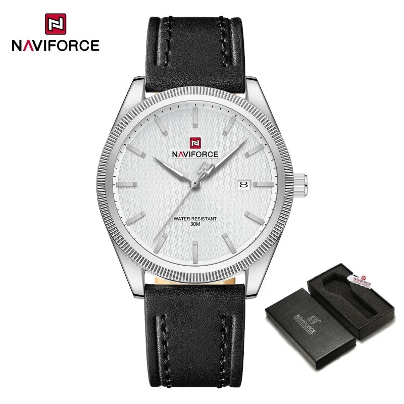 NAVIFORCE Men's Watches Fashion Genuine Leather Strap 30M Waterproof Male Quartz Wristwatches Luminous Point Date Display Clock
