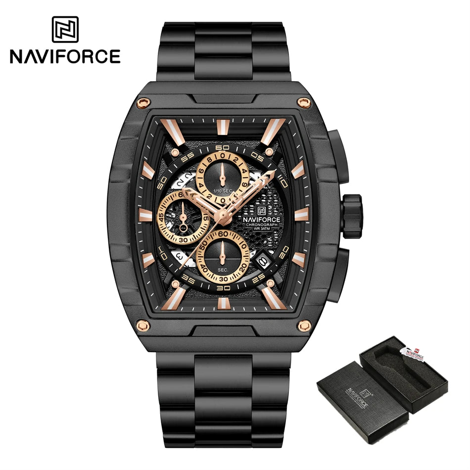 NAVIFORCE Quartz Watch for Men Fashion Waterproof Luminous Chronograph Wristwatch Auto Date Stainless Steel Strap Clock Gift