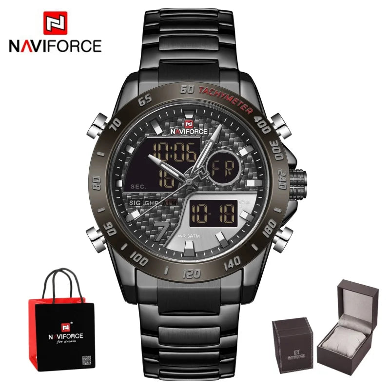 NAVIFORCE Men's Fashion Sports Watch Quartz Dual Display Luminous Waterproof Steel Band Clocks Male Outdoor Wristwatch Gifts Box