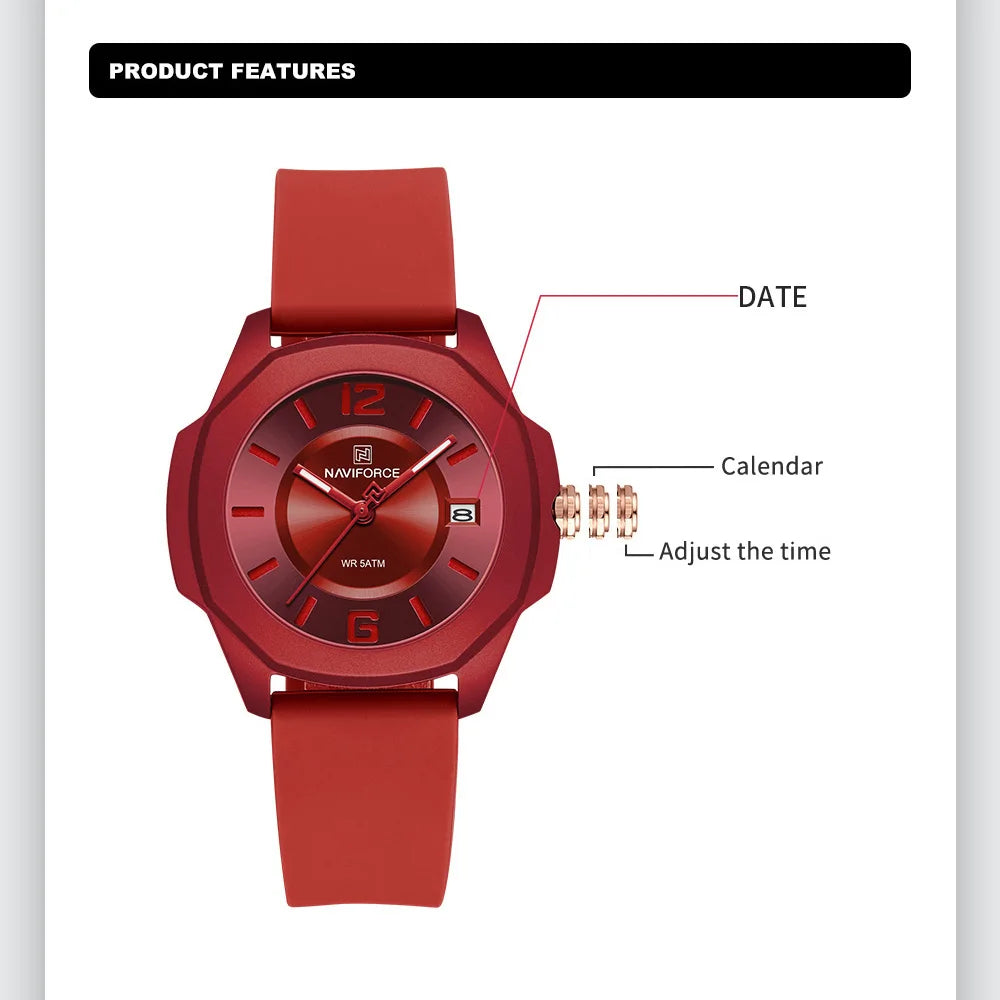 NAVIFORCE Ladies Watch For Women Silicone Strap Clock Quartz Wrist Watches for Women 5ATM Waterproof Casual Relogio Feminino