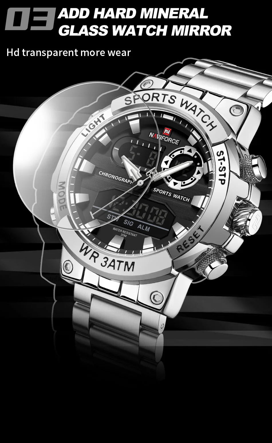 NAVIFORCE Men Watch Stopwatch Dual Time Display Men's Watch Fashion Sport Watch Stainless Steel Strap Waterproof  Package Gifts