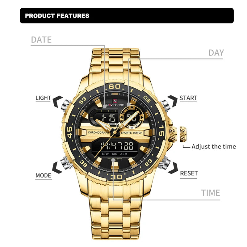 NAVIFORCE Men's Sports Alarm Watch Waterproof Chronograph Quartz Movement Steel Band Digital Date Week Display Wristwatches Gift