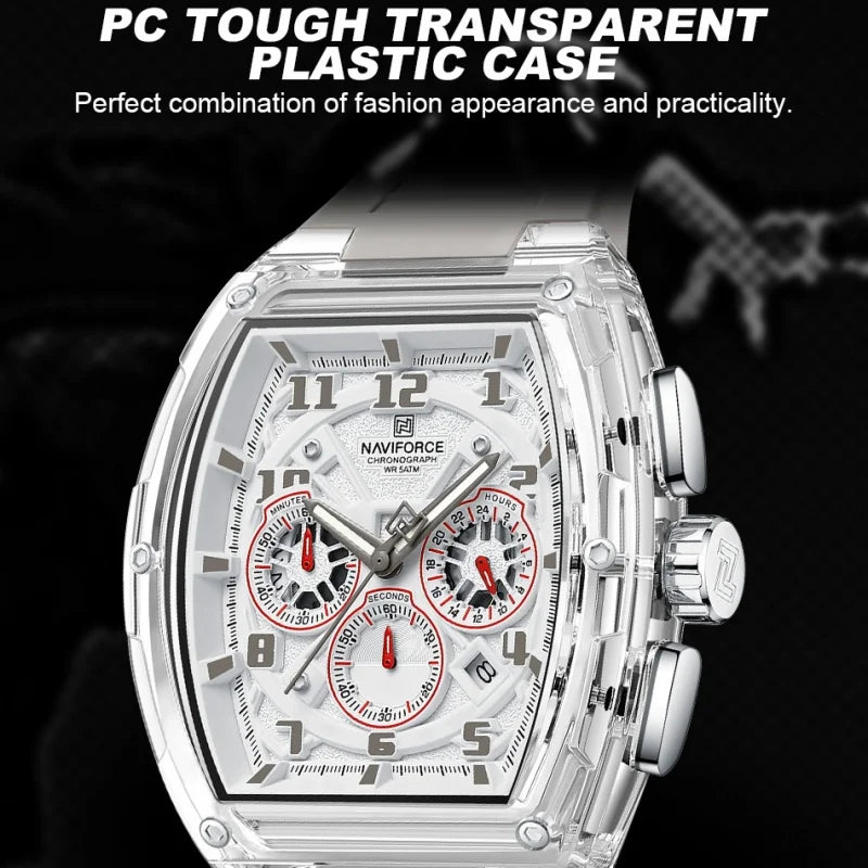 NAVIFORCE Man's Quartz Watch 50M Water Resistant Luminous Male Sports Wristwatch Barrel Dial Multi Function Casual Tech Stylish