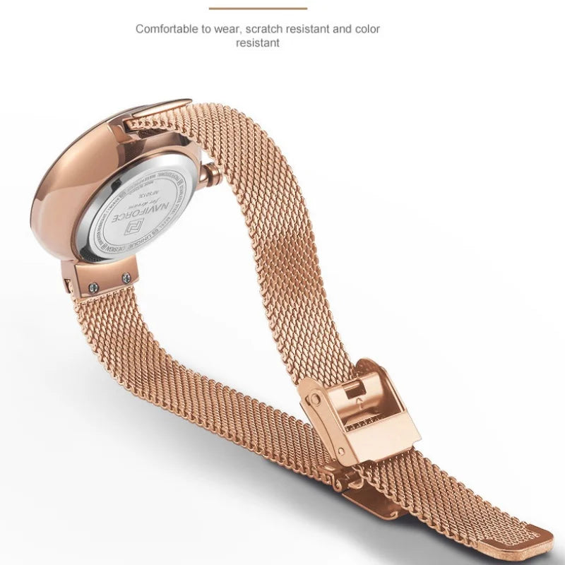 NAVIFORCE Woman's Quartz Watch Steel Band Creative Design Female Luxury Dress Clock Relogio Feminino Wristwatch Gift Box NF5013