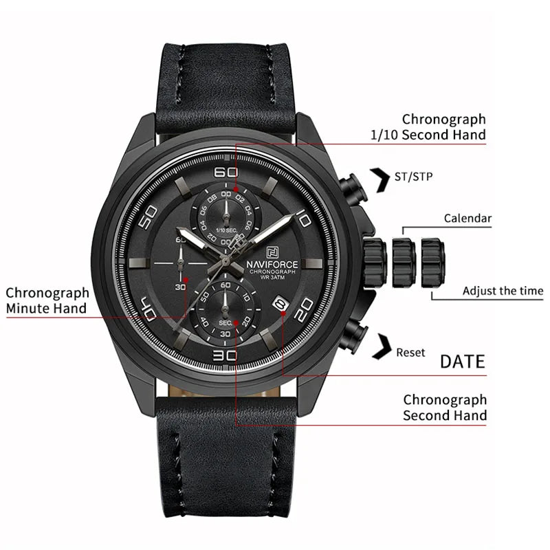Original NAVIFORCE Business Luxury Leather Strap Men Watches Sports Chronograph Watch for Man 3ATM Waterproof Quartz Wristwatch