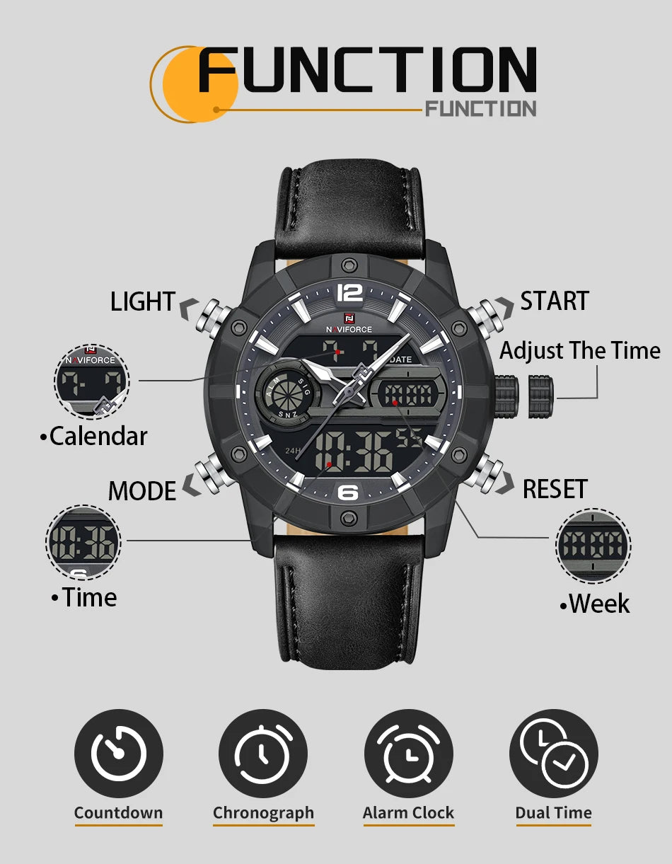 NAVIFORCE Men Quartz Watch Dual Time Date Night Illumination Classic Business Male Clock Luxury Original Waterproof Wristwatch