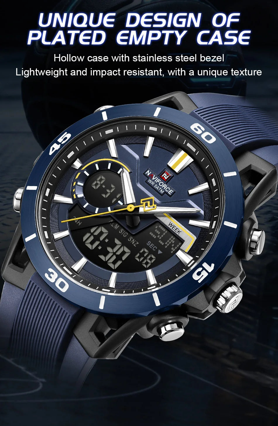 NAVIFORCE Men Watches Quartz Dual Display 50M Waterproof Chronograph Luminous Alarm Clock Male Business Sports Trendy Wristwatch