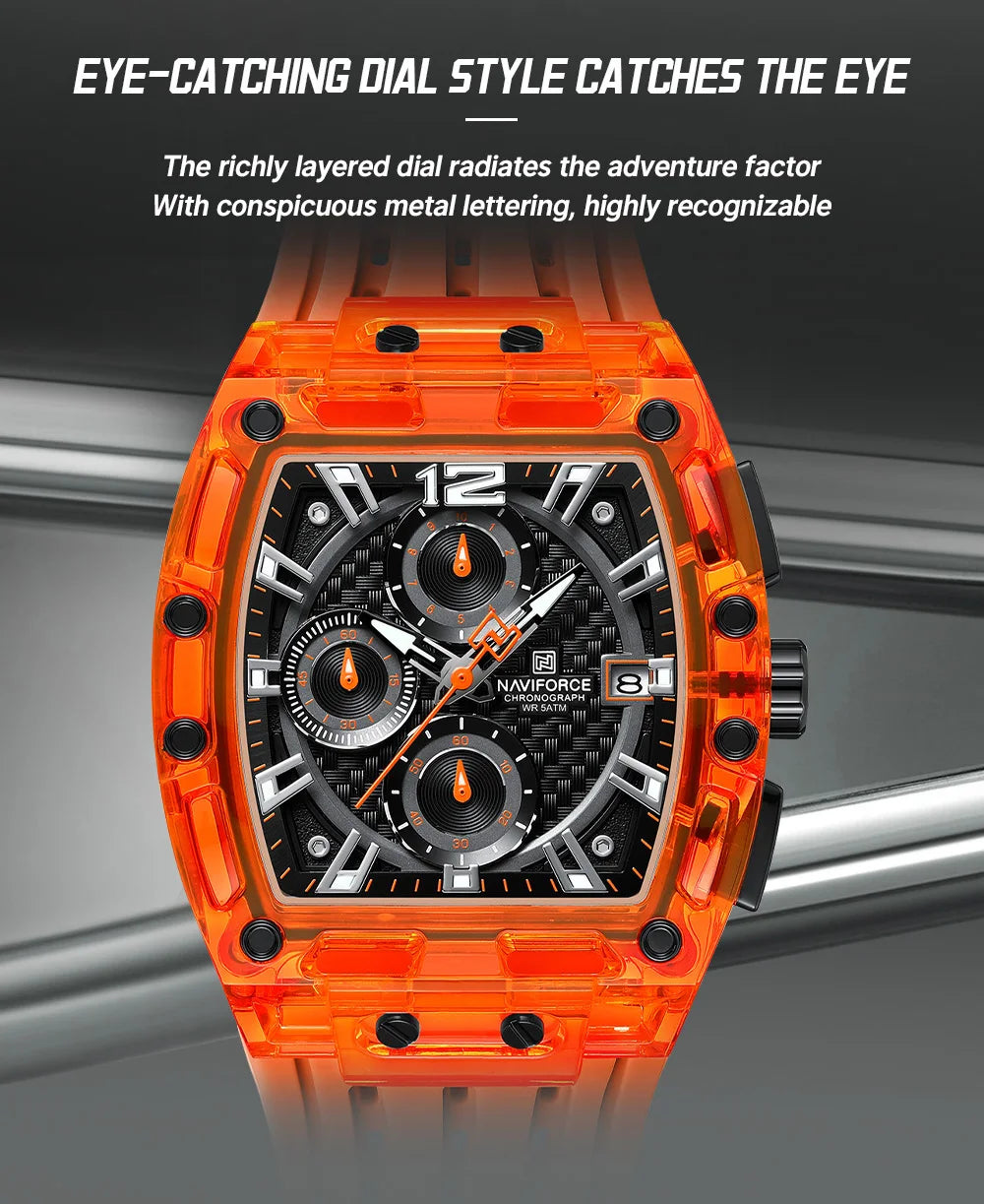 NAVIFORCE Men's Quartz Watch Multifunctional Colorful Chronograph Top Brand Silicone Strap 5ATM Waterproof Tonneau Wristwatches