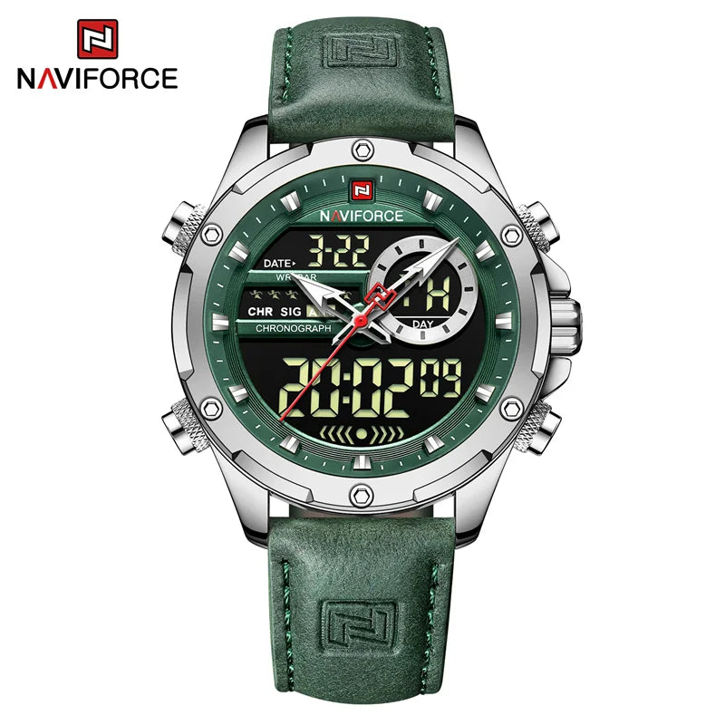 NAVIFORCE Original Men's Dual Time Luxury Sport Watch Casual Chronograph Alarm Quartz Wristwatch Leather Strap Waterproof Clock
