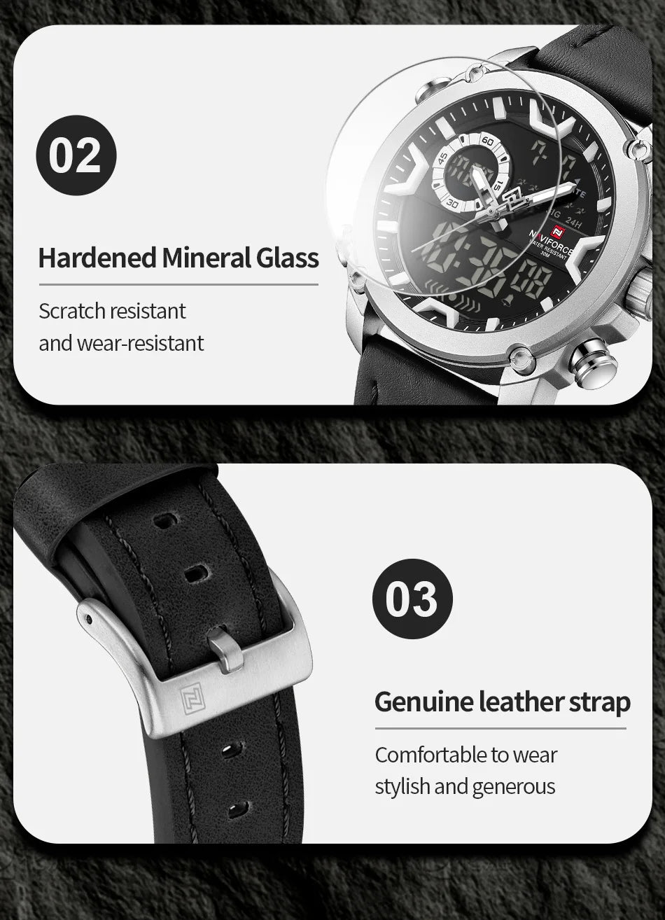 NAVIFORCE Man's Watch Quartz Dual Display Waterproof Leather Strap Alarm Male Simple Fashion Business Casual Wristwatch Gift Box