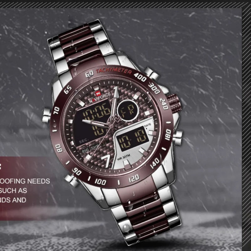 NAVIFORCE Men's Fashion Sports Watch Quartz Dual Display Luminous Waterproof Steel Band Clocks Male Outdoor Wristwatch Gifts Box