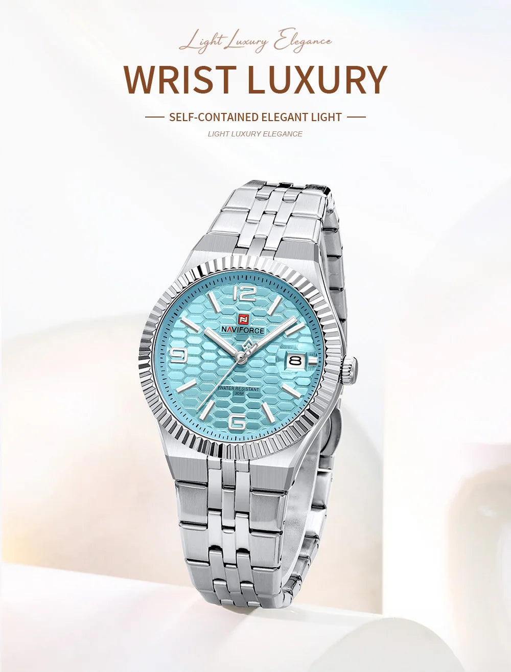 NAVIFORCE Luxury Women Quartz Calendar Watch 30M Waterproof Luminous Steel Strap Female Casual Girls Fashion Wristwatch Gift Box