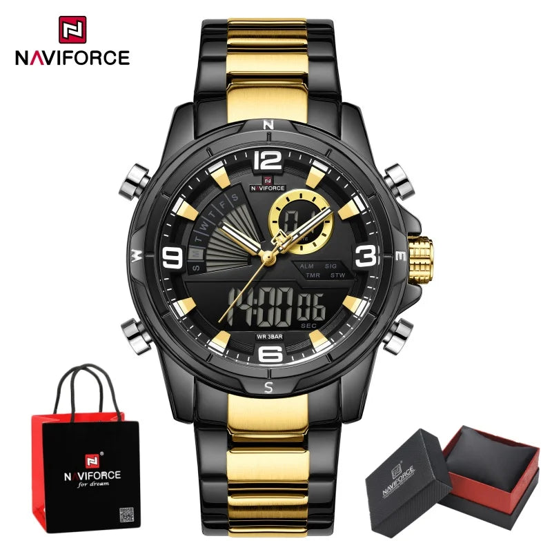 NAVIFORCE Luxury Man's Watch Quartz Chronograph Dual Display 3ATM Waterproof Military Style Sports Wristwatch Gift Box For Men