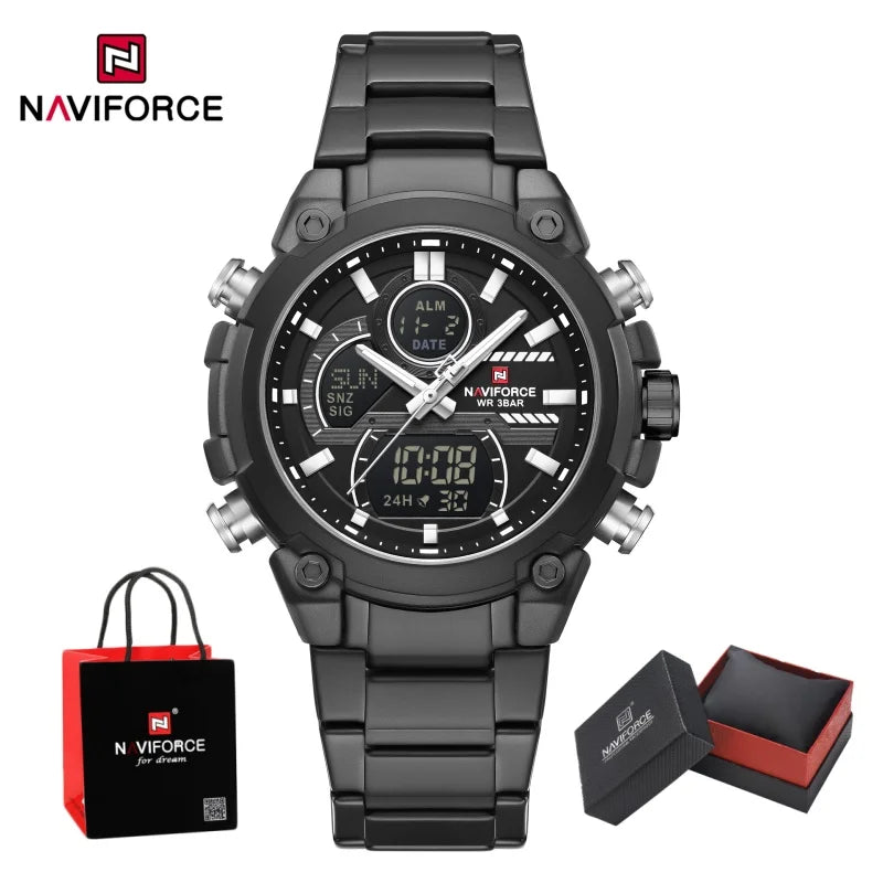 NAVIFORCE Men's Watch Luxury Quartz LCD Digital Sports Military Style Dual Display Chronograph Alarm Clock Wristwatch Gifts Box