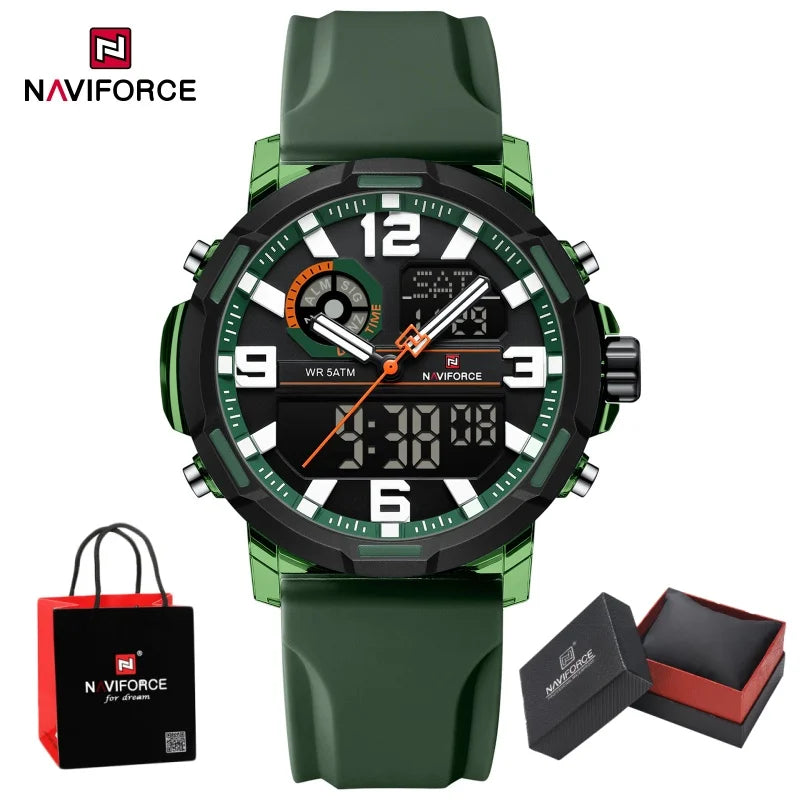 NAVIFORCE Men Dual Display Watch Alarm Clock 50M Waterproof Chronograph Stylish Novel Teenager Outdoor Sport Wristwatch Gift Box