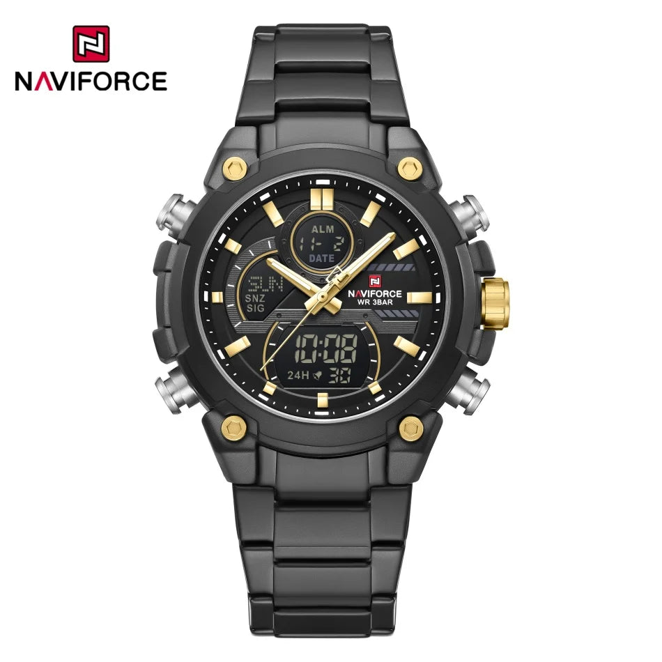 NAVIFORCE Watch For Men Stainless Steel Sport Casual Fashion Dual Display Sport Multifunction Chronograph men Waterproof Watch