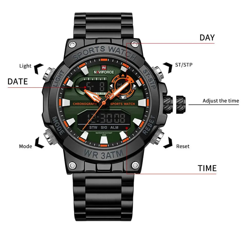 NAVIFORCE New Military Sports Mens Watches Top Brand Luxury Dual Display Waterproof LED Digital Watch for Men Quartz Wristwatch
