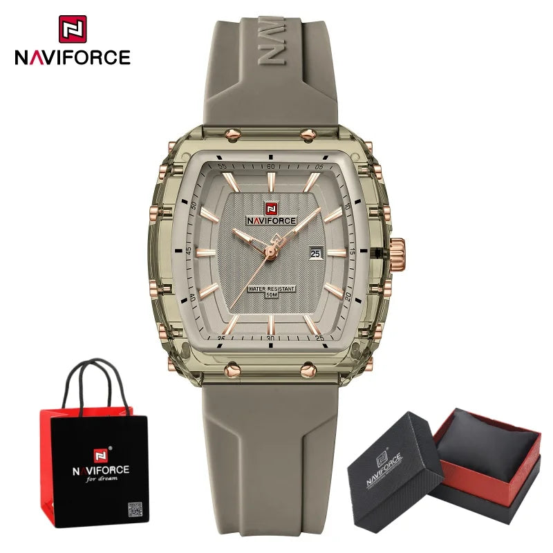 NAVIFORCE Woman's Watch Quartz Calendar 5ATM Waterproof Silica Strap Elegant Ladies Luxury Stylish Simple Wristwatch Gift Box
