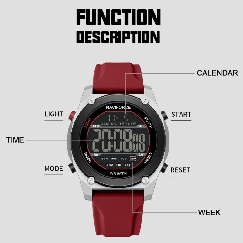 NAVIFORCE Men's LCD Digital Watch 50M Water Resistant Electronic Calendar Fashion Silicone Band Alarm Clock Wristwatch Gifts Box