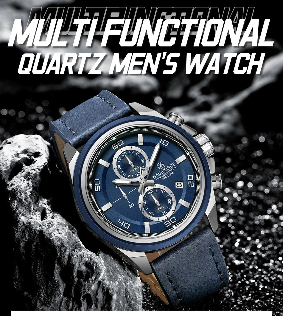 NAVIFORCE Brand Watches For Men Genuine Leather Band Chronograph Quartz Wristwatches Casual Sport 30m Waterproof Male Gift Clock