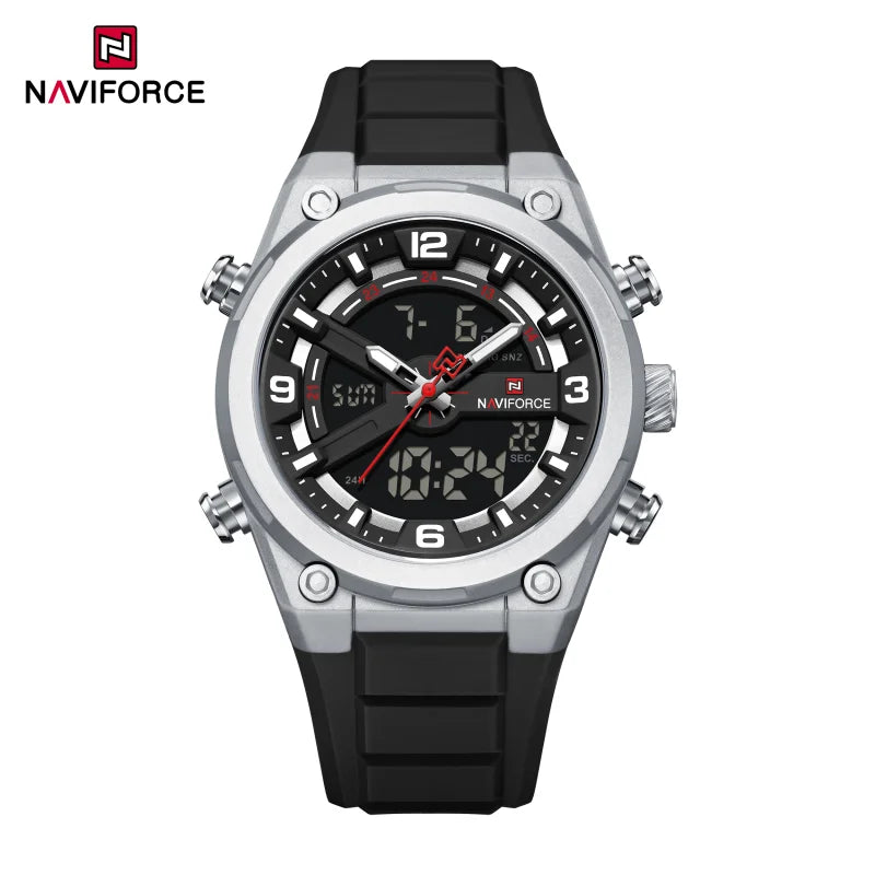 NAVIFORCE Man Watch Fashion Casual Sports Dual display Silicone Strap Waterproof Alarm Chronograph Day and Date Watches for Men