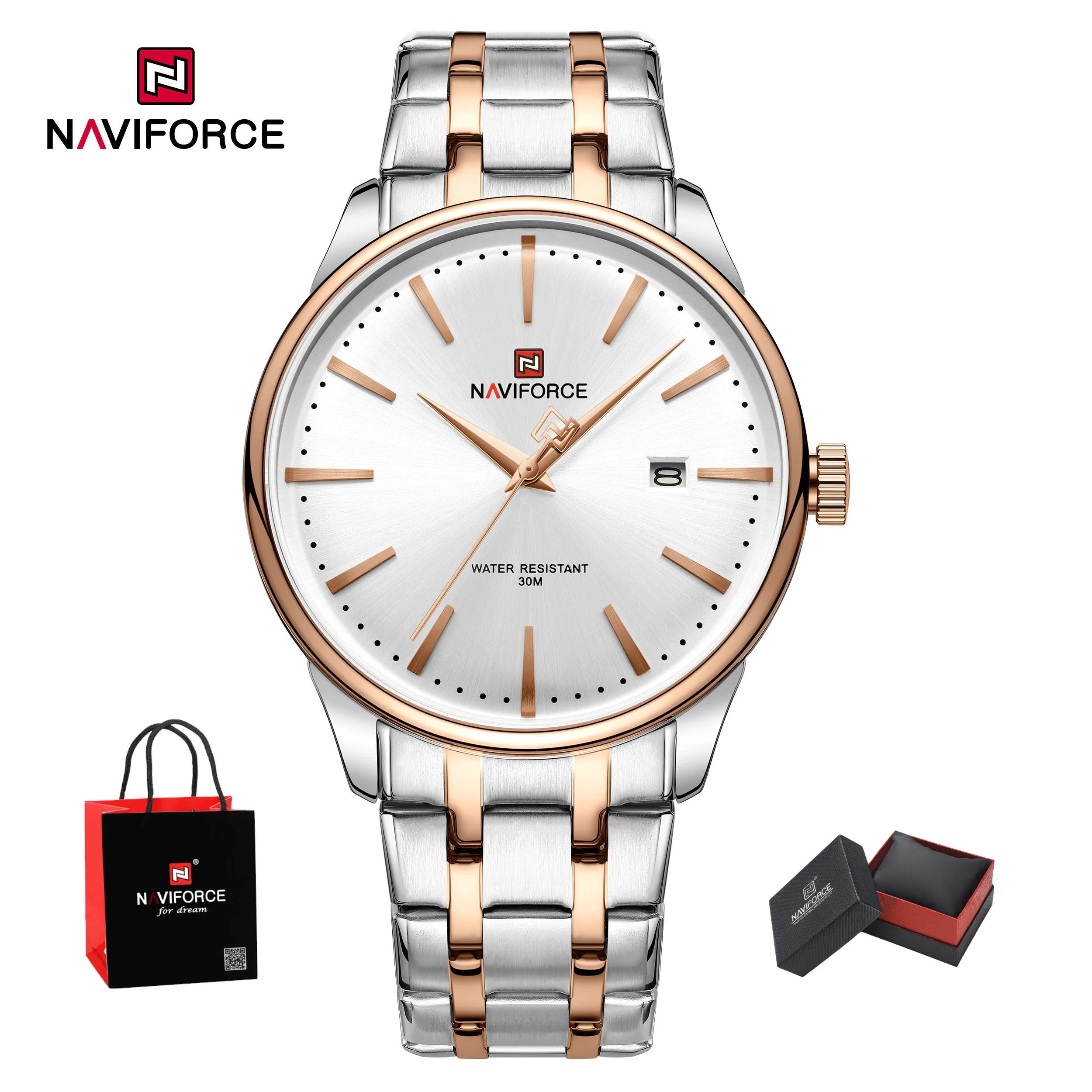 New NAVIFORCE Men's Fashion Business Stainless Steel Strap Quartz Wristwatches Calendar Watch Waterproof Relogio Masculino Gifts