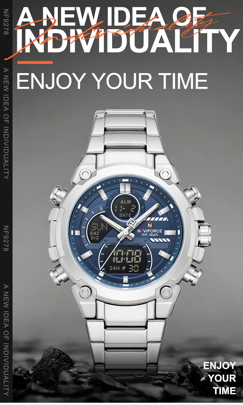 NAVIFORCE Watch For Men Stainless Steel Sport Casual Fashion Dual Display Sport Multifunction Chronograph men Waterproof Watch
