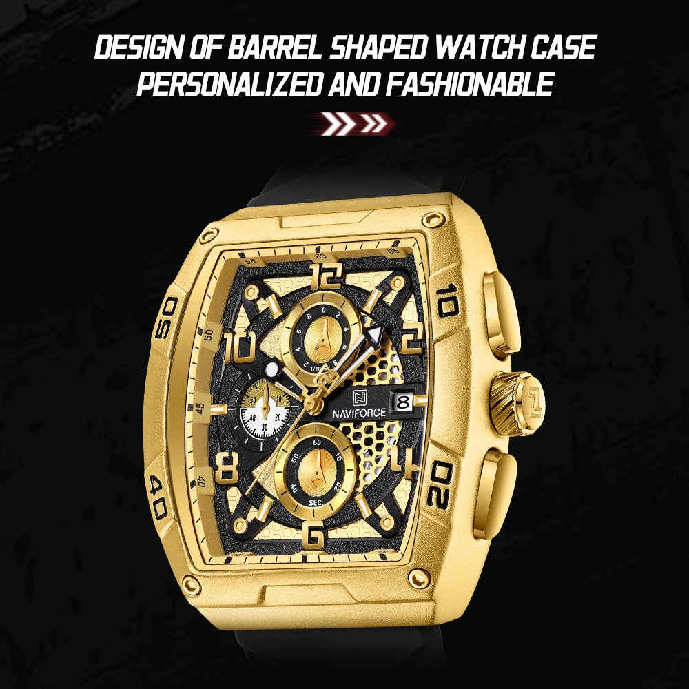 Fashion Brand NAVIFORCE  Men Gold Design Quartz Watches Casual Male  Wrist Watch Large Dia Multi-function PU Waterproof Clock