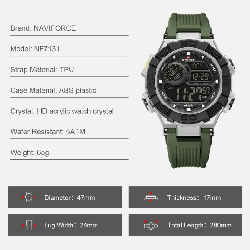 NAVIFORCE Man's Watch With Date Week Display LCD Digital Lightweight 24 Hour Alarm Clock 5ATM Waterproof Male Sports Wristwatch