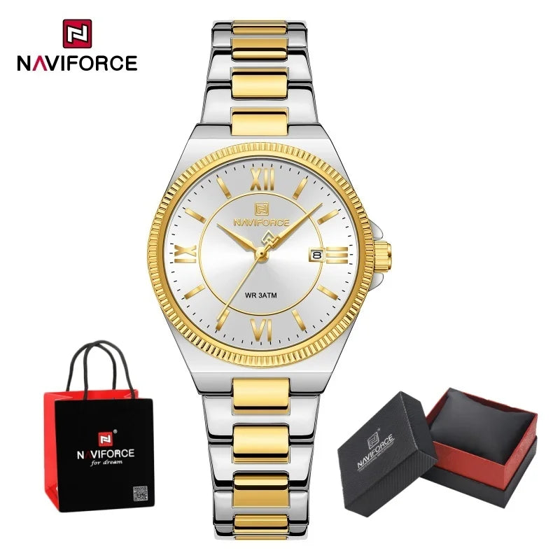 NAVIFORCE Women's Quartz Watch 3ATM Waterproof Date Display Stainless Steel Fashion for Daily Dress Lady Wristwatch Gifts Box