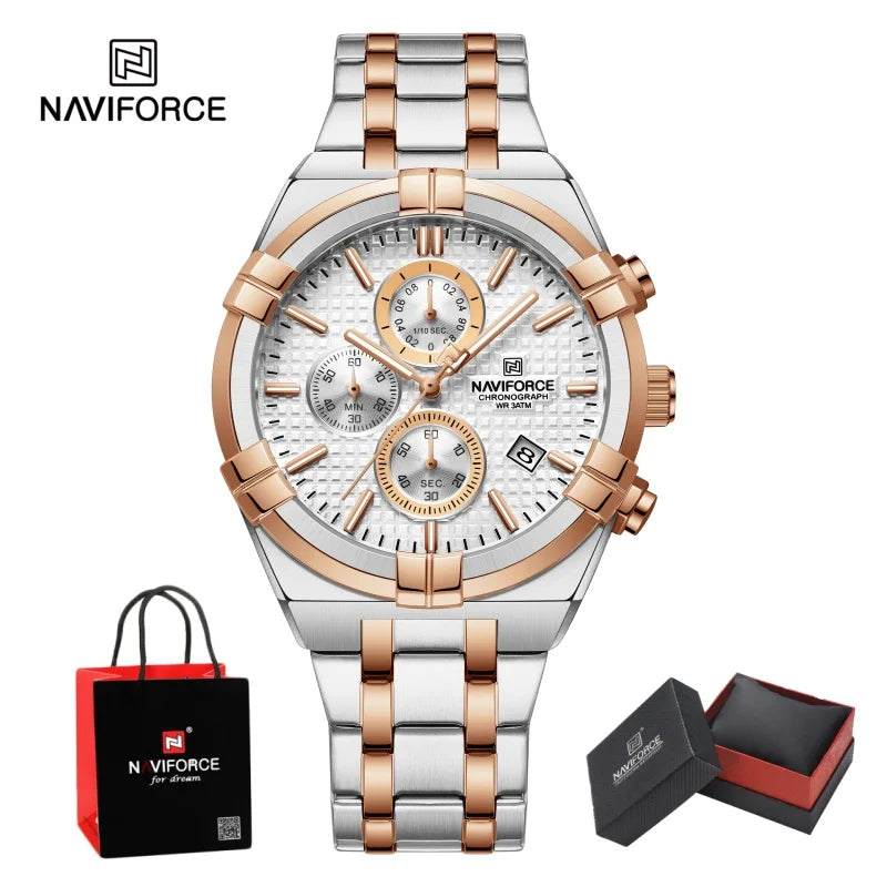NAVIFORCE Original Watches for Man Waterproof Quartz Chronograph Luminous Stainless Steel Father's Day Male Wristwatch Gift Box