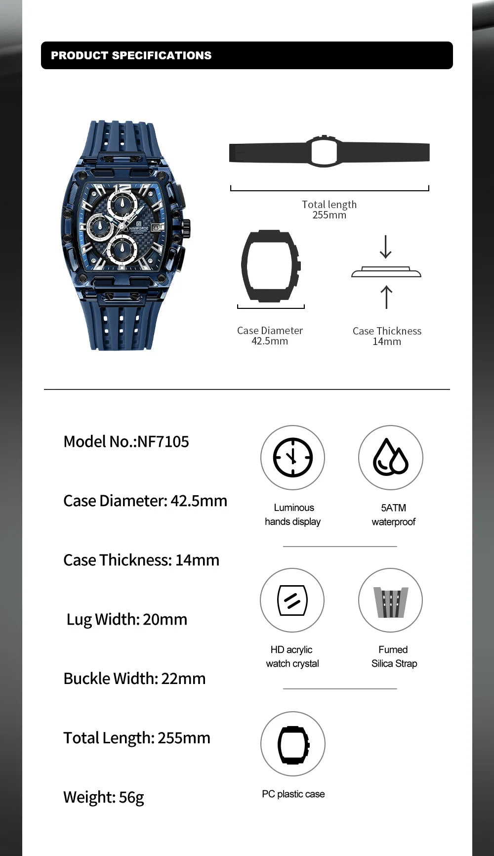 NAVIFORCE Outdoor Quartz Wristwatch for Men Chronograph Auto Date 5ATM Waterproof Silicone Strap Male Casual Fashion Sport Clock