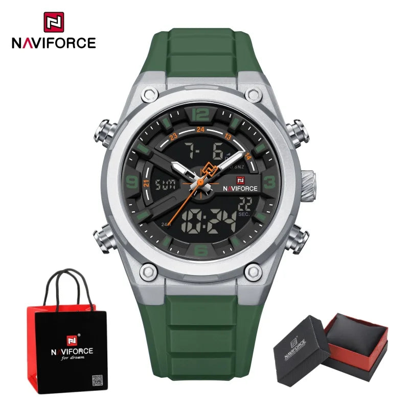 NAVIFORCE Man's Watches Dual Display Week and Date Waterproof Luminous Silicone Strap Male Business Fashion Wristwatch Gift Box