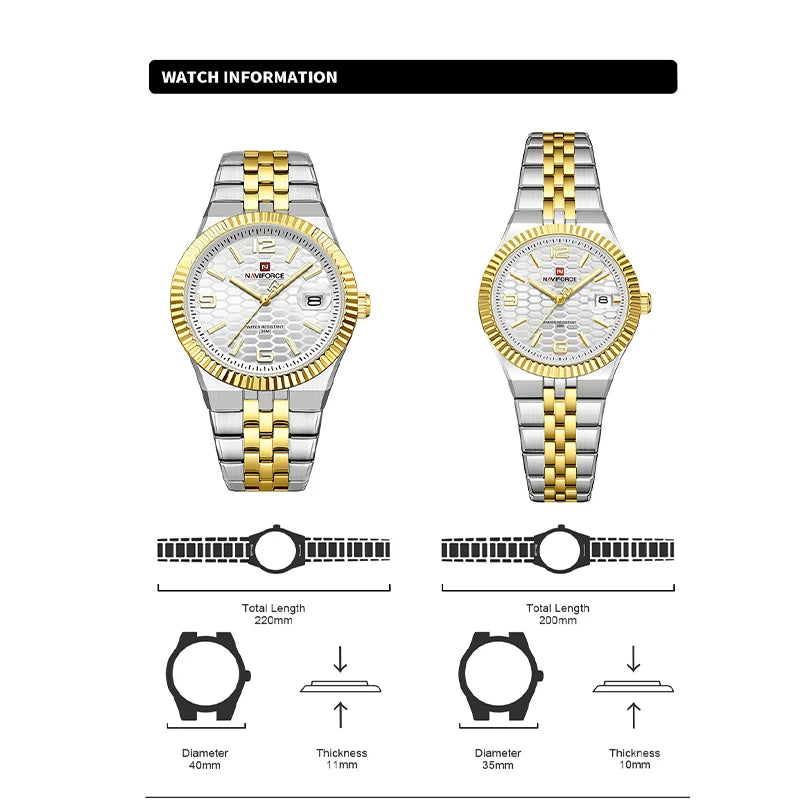 NAVIFORCE New Lover Watches 3ATM Waterproof Quartz Calendar Stainless Steel Fashionable Elegant Daily Wear Wristwatch for Couple