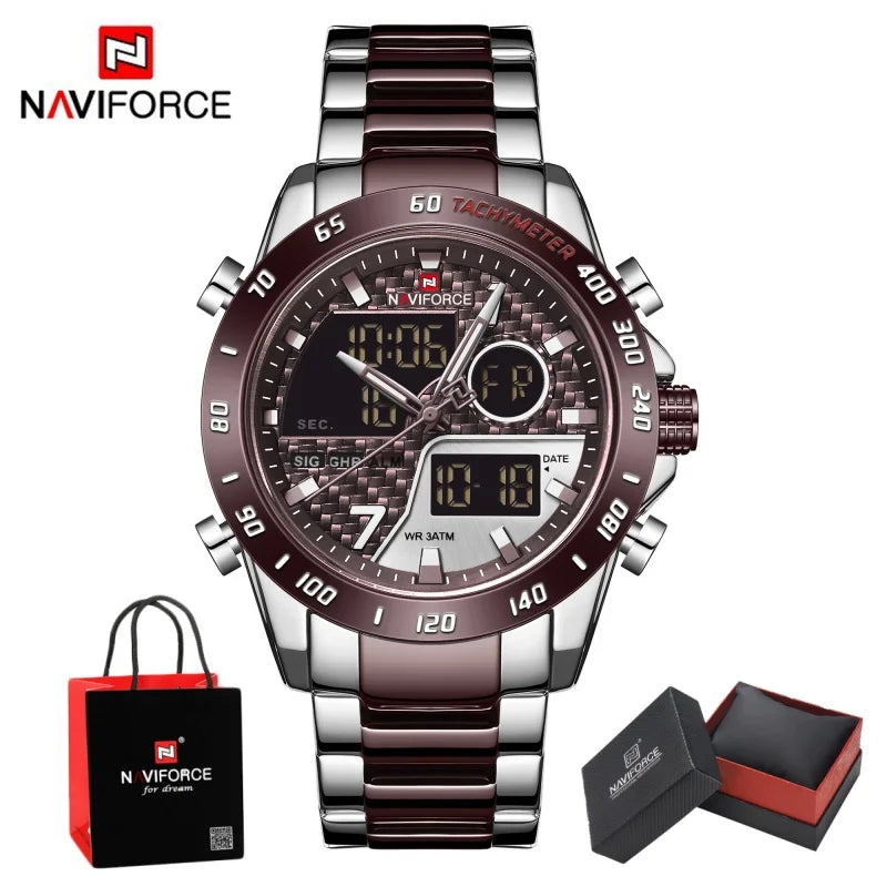 NAVIFORCE Man's Quartz Watch Dual Display Luminous Stainless Steel Strap Male Fashion Business Father's Day Wristwatch Gifts Box